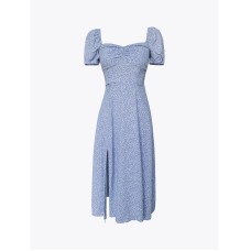 Love Pleated French Retro Blue Floral Dress Women Summer Waist Slim Side Slit Design Long Skirt Dress