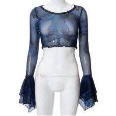Summer New Printed Round Neck Pullover Horn Long-Sleeved Navel Baring Casual European Women's Top Summer New Printed Round Neck Pullover Horn Long-Sleeved Navel Baring Casual European Women's Top