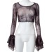 Summer New Printed Round Neck Pullover Horn Long-Sleeved Navel Baring Casual European Women's Top
