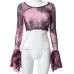 Summer New Printed Round Neck Pullover Horn Long-Sleeved Navel Baring Casual European Women's Top