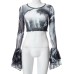Summer New Printed Round Neck Pullover Horn Long-Sleeved Navel Baring Casual European Women's Top