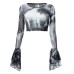 Summer New Printed Round Neck Pullover Horn Long-Sleeved Navel Baring Casual European Women's Top