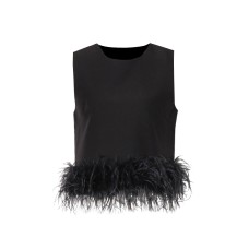 Hepburn Style Design Ostrich Hair Stitching Top New Round Neck Simple Short Solid Color Vest Women