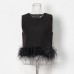 Hepburn Style Design Ostrich Hair Stitching Top New Round Neck Simple Short Solid Color Vest Women Hepburn Style Design Ostrich Hair Stitching Top New Round Neck Simple Short Solid Color Vest Women
