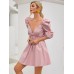 Lantern Sleeves Large V-Neck Waisted Multicolor Swing Skirt