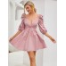 Lantern Sleeves Large V-Neck Waisted Multicolor Swing Skirt