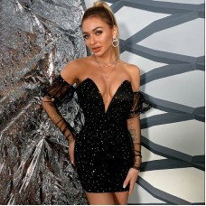 Sequin Backless Dress Europe and America Deep V Neck Wrap Breast Sexy Dress Dress Spinning Skirt