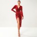 Autumn And Winter Women's Sexy V-Neck Long Sleeve Pleated Waist Slit Star Print Gold Velvet  Dress