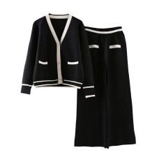 Knitted Wide Leg Pants Suit Women's Autumn New Fashion Ladies Temperament Goddess Fan Two Piece Suit Knitted Wide Leg Pants Suit Women's Autumn New Fashion Ladies Temperament Goddess Fan Two Piece Suit