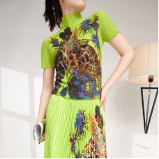 Miyake Pleated Fashion Women's Print Slim Short Sleeve T-Shirt Loose Skirt
