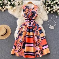 Waist Slim Temperament Round Neck Dress Summer Women's Seaside Vacation Sleeveless Printed Midi Skirt