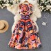 Waist Slim Temperament Round Neck Dress Summer Women's Seaside Vacation Sleeveless Printed Midi Skirt