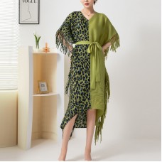 Pleated Print Colorblock Dress New Spring and Autumn Fashion Loose V-Neck Tie Tassel Irregular