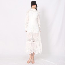 Elegant Dress For Women Stand Collar Long Sleeve High Waist Solid Midi Dresses Female Spring Clothing Style