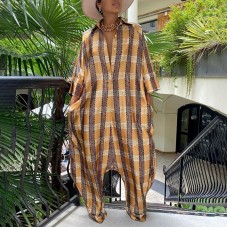 One Piece Sets Summer Casual Loose Oversize Long Sleeve Plaid Overalls Graphic Print Buttoned Pocket Design Casual Jumpsuit