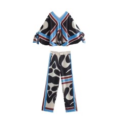 Summer New Women's V-Mouth Knotted Shirt + High Waist Wide Tube Casual Pants Print Suit