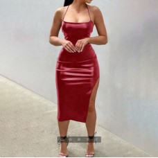 New PU Leather Nightclub Style Sexy Backless Straps Solid Color Personality Split Suspender Dress