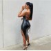 New PU Leather Nightclub Style Sexy Backless Straps Solid Color Personality Split Suspender Dress