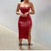 New PU Leather Nightclub Style Sexy Backless Straps Solid Color Personality Split Suspender Dress