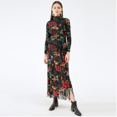 Pleated Suit Woman Indie Folk Floral Print Tassel Stand Collar Top + Pick Hip Long Skirt Slim New Summer Fashion