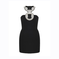 Patchwork Diamonds Dress For Women Halter Collar Sleeveless High Waist Solid Sexy Mini Dresses Summer