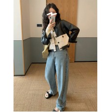 Contrast Color Short Motorcycle Leather Jacket Autumn Women's New Korean Style Design Trend Of Niche Tops