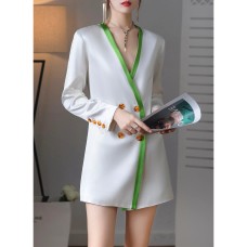 V-Neck Double-Breasted Simple Suit Skirt Mid Length Suit Jacket