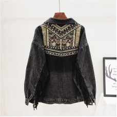 Spring Tassel Embroidered Denim Jacket Women's Loose Bf All-Match Spring And Autumn Net Red Denim Clothing Trend