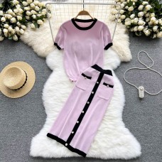Elegant Knit 2 Piece Set Color Match O-neck Short Sleeve Pullover Top and Elastic Waist Long Skirt Suits Fashion Women Clothes