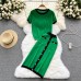 Elegant Knit 2 Piece Set Color Match O-neck Short Sleeve Pullover Top and Elastic Waist Long Skirt Suits Fashion Women Clothes