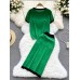 Elegant Knit 2 Piece Set Color Match O-neck Short Sleeve Pullover Top and Elastic Waist Long Skirt Suits Fashion Women Clothes
