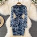 Spring Fashion Striped Print Bodycon Mini Dress Women Fashion Streetwear Casual O-neck Long Sleeve Slim Mesh Club Dresses