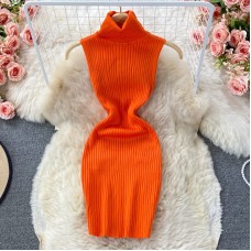 Turtleneck Knit Dress Women Fashion Autumn Solid Sleeveless Bodycon Mini Dress Fashion Streetwear Sexy Party Tight Dress