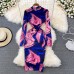 New Spring Casual Women's Dress Vintage Style Printing Bodycon Dress Elegant Stand Collar Long Sleeve Midi Party Dresses