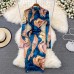New Spring Casual Women's Dress Vintage Style Printing Bodycon Dress Elegant Stand Collar Long Sleeve Midi Party Dresses