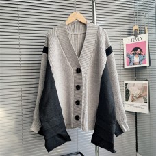 Patchwork Colorblock Knitting Open Stitch Female V Neck Long Sleeve Loose Sweaters For Woman Autumn Fashion Clothes