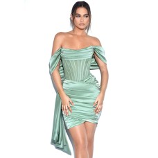 Sexy Solid One-Line Neck Dress Tube Top Gathered Satin Dress
