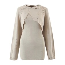 Slim Two Piece Set Womens Round Neck Long Sleeve Top Square Collar Sleeveless Sling Mini Dress Knitting Sets