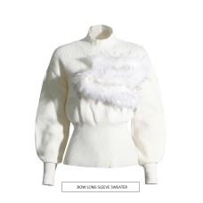 Patchwork Feather Knitting Sweater For Women Stand Collar Lantern Sleeve Solid Minimalist Sweaters Female Clothing