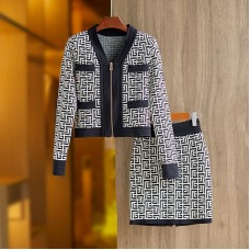 New Autumn Spring Elegant Texture Pattern Elastic Knitted Casual Women 2 Pieces Skirt Sets Sweater Jacket Suits