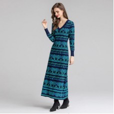 S-XXL Women Knitted Maxi Dress Vintage Bohemian Pattern Embroidery V-neck Autumn Casual Dresses