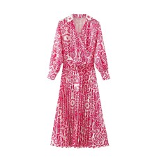 New Women's Vintage Printing Belt Pressed Pleat Hem Lantern Sleeve Loose Long Dress