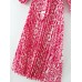New Women's Vintage Printing Belt Pressed Pleat Hem Lantern Sleeve Loose Long Dress