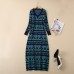 Autumn And Winter Bottoming Long Skirt New Knitting Printing V-Neck Long Sleeve Dress For Women