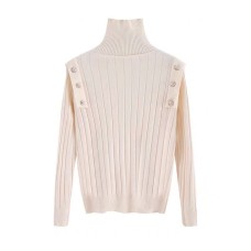Pullover High Neck Knitwear Women's Spring And Autumn New Slim Button Decoration Long Sleeve Thin Sweater Bottoming Trend