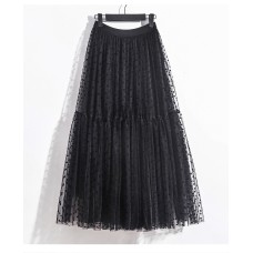 Spring Summer Polka Dot Tulle Skirts Women New Casual Elastic High Waist A-line Skirt Female Party Beach Midi Pleated Skirt