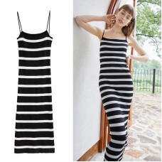 Striped Midi Spaghetti Strap Knitting Dresses Summer Thin Slim Bodycon Sexy Night Dress For Women