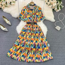 New Turn-Down Collar High Waist Slim Plaid Printed A-Line Dress Elegant Fashion Casual Single Breasted Dress With Belt