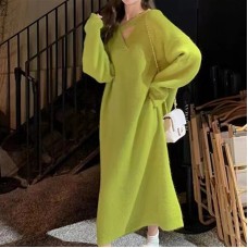 Korean Version Personality V-Neck Knitted Dress For Women New Autumn Wear Hepburn Loose Straight Long Skirt