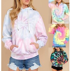 Europe and America Spring, Autumn and Winter New Women's Top Tie Dyed Hooded Long Sleeve Pocket Guards